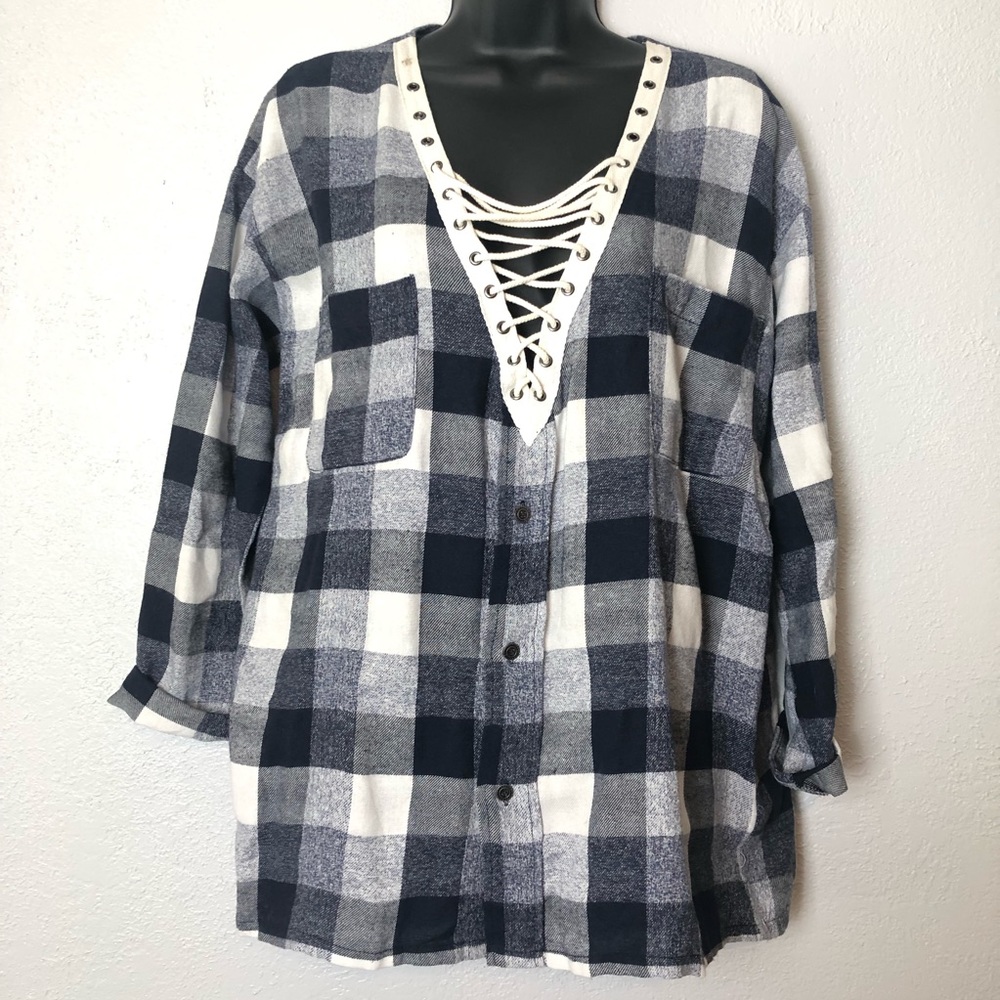 MISS LOVE boho rope neckline plaid shirt blouse M - Picture 1 of 15
